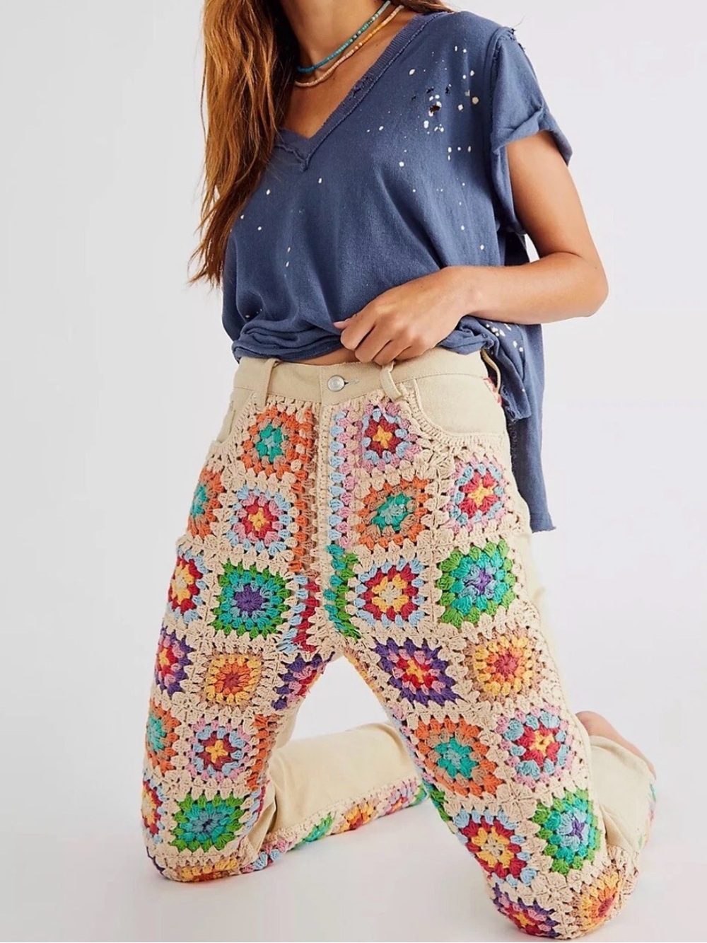 Free People NWT Zuri Cream Crochet Mom Button Fly Boho Jeans Pants **Size 29** 🌸 - Picture 2 of 11